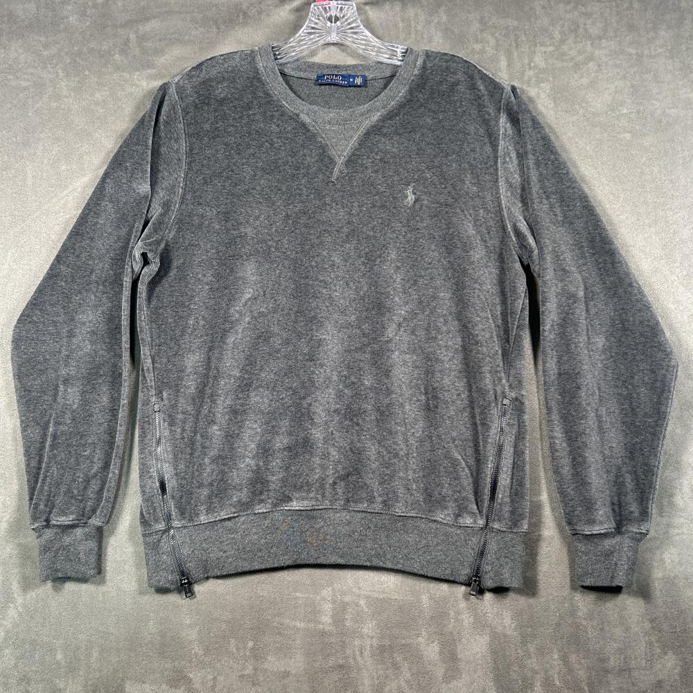 Polo Ralph Lauren Velour Side-Zip Sweatshirt Long Sleeve Womens M Gray Crew Neck